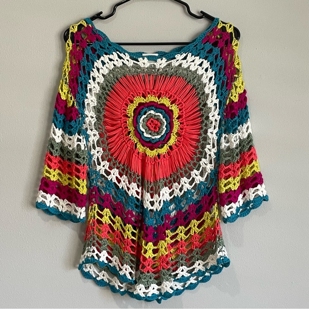 Sioni Crochet Open Knit Tie Dye Retro Hippie Boho Top - Medium